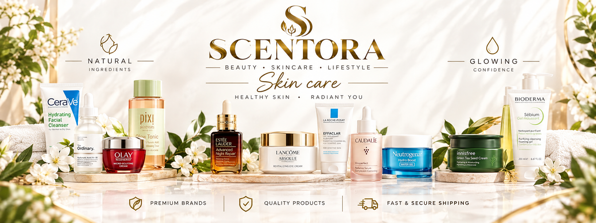 A promotional banner for Scentora Skin Care, showcasing a collection of skincare products including Olay, Pixi, Clarins, and Lancine on a styled gold and white set with flowers and green leaves.